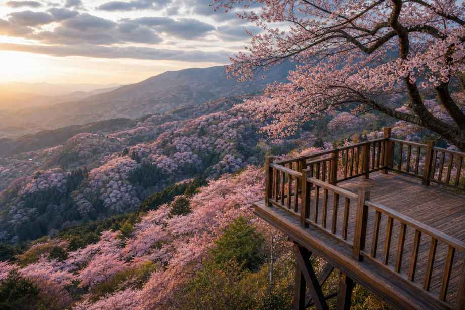 樱花与观景台 高处俯瞰 漫山花海 壮阔春日 4K壁纸