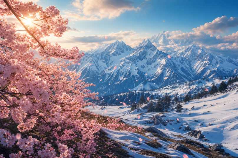樱花雪山 远处雪峰 近处花盛 冷暖交织 4K壁纸