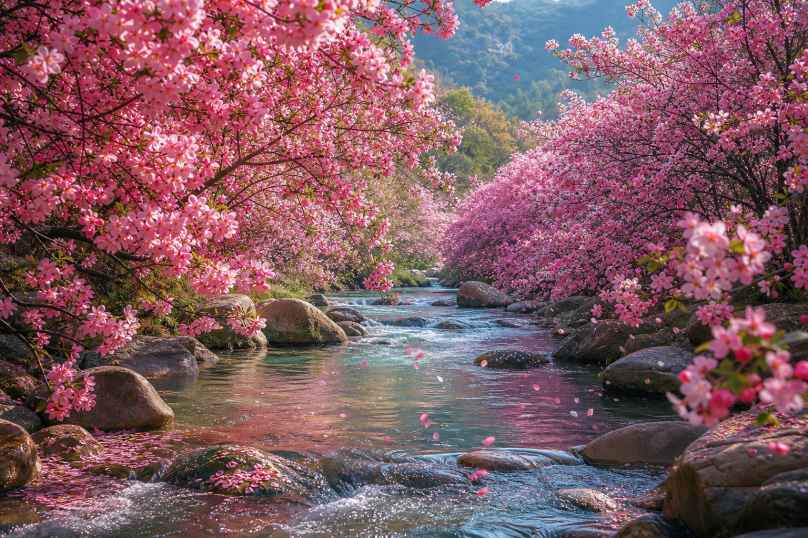 海棠花溪 溪水两岸 海棠盛放 落花流水 4K壁纸