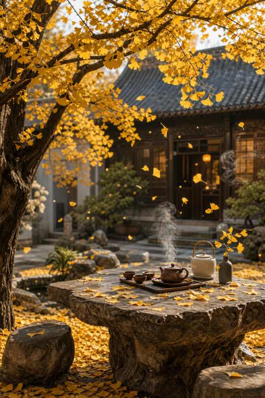 秋日银杏与茶 庭院茶桌 银杏叶落 品茶赏秋 4K壁纸