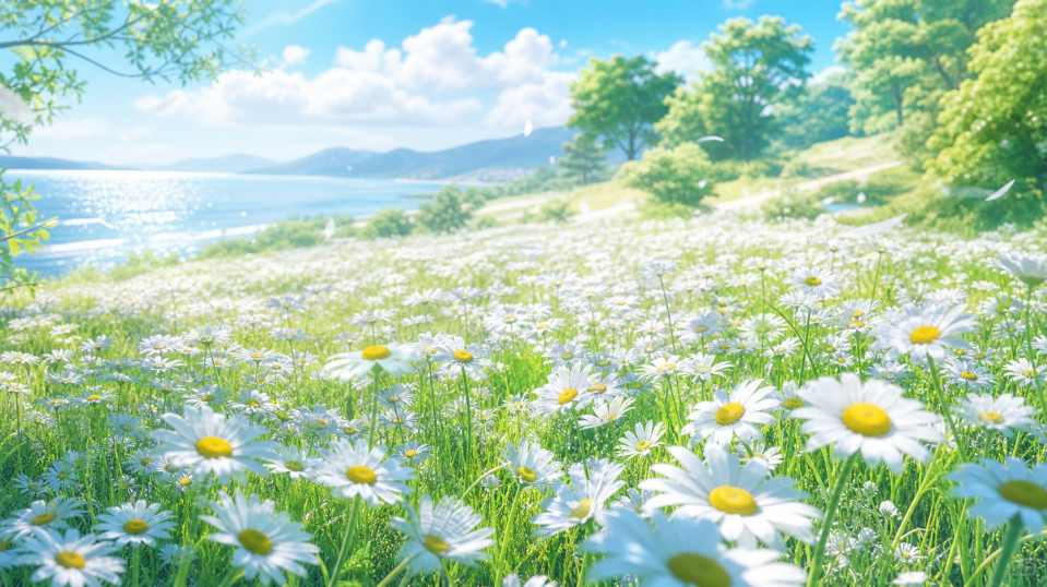 洋甘菊花海 清新小白花 阳光草地 治愈系春日 4K壁纸