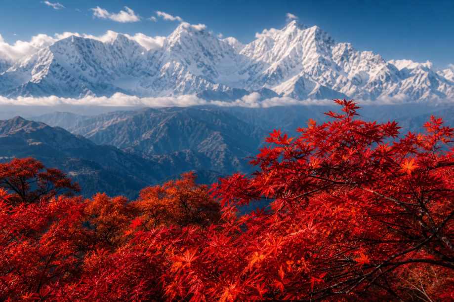 红枫与雪山 远处雪峰 近处枫红 冷暖交织 4K壁纸