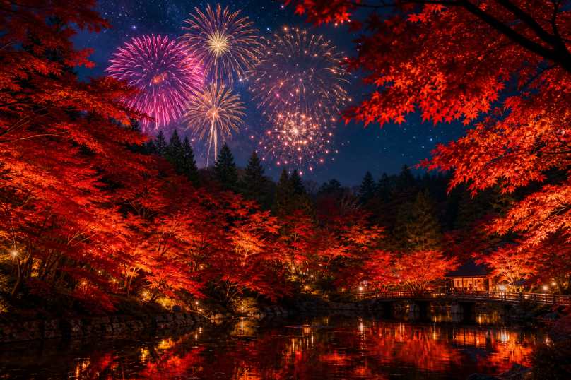 枫林与秋日烟花 夜晚枫林 烟花绽放 浪漫秋夜 4K壁纸