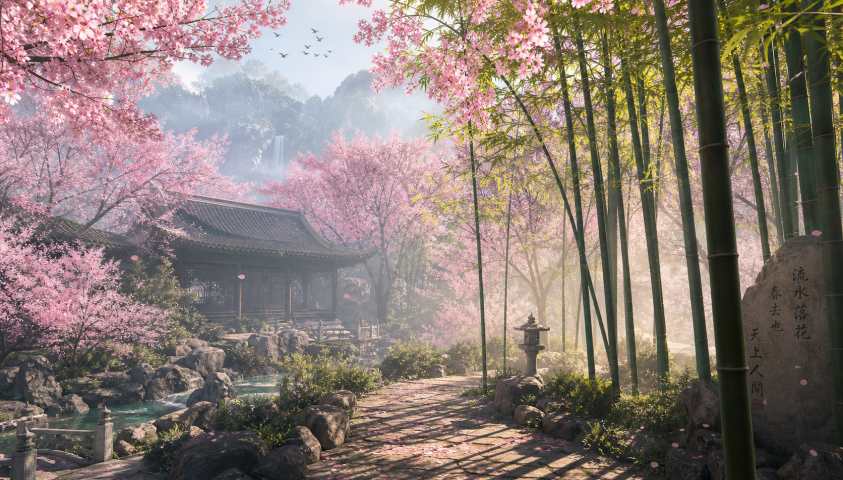 樱花与竹林 竹影樱花 清雅春日 东方意境 4K壁纸