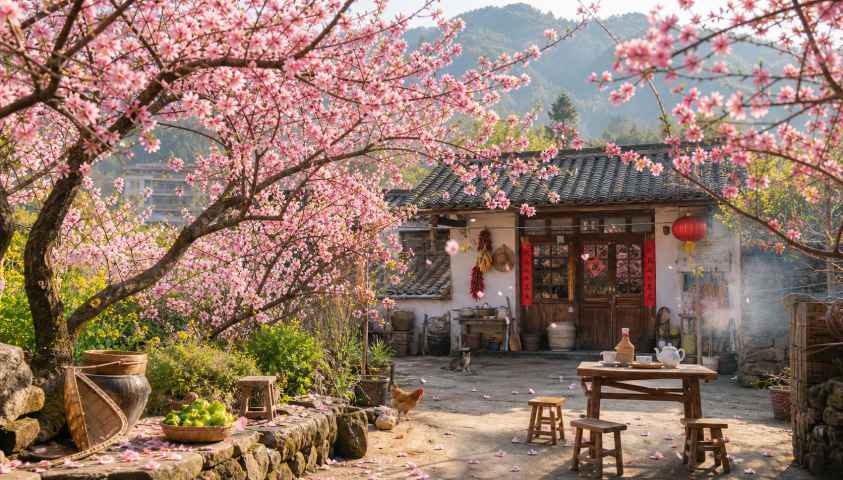 桃花院落 农家小院 桃花满树 烟火春日 4K壁纸