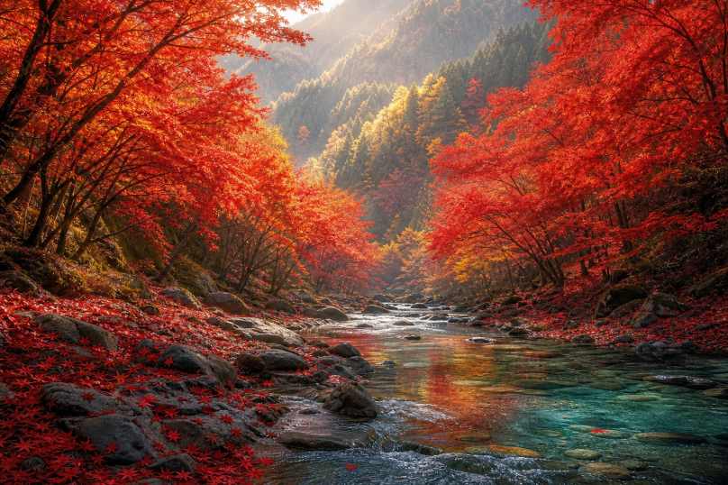 红枫与山涧 山涧溪流 两岸枫红 清幽秋景 4K壁纸
