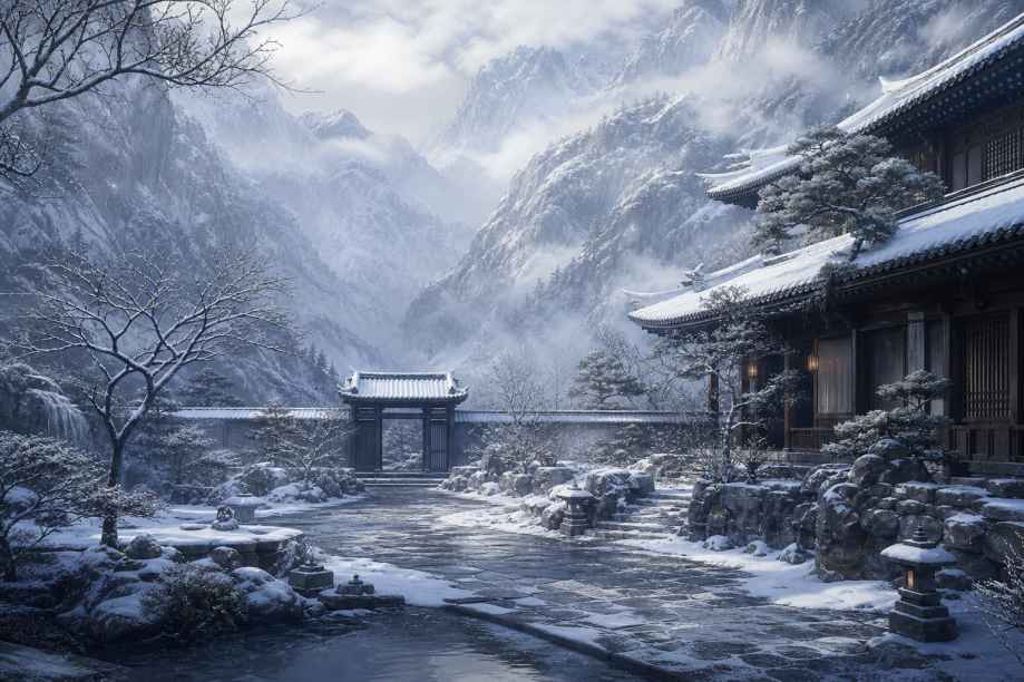 雪与山居 深山庭院 积雪覆盖 清寂冬日 4K壁纸
