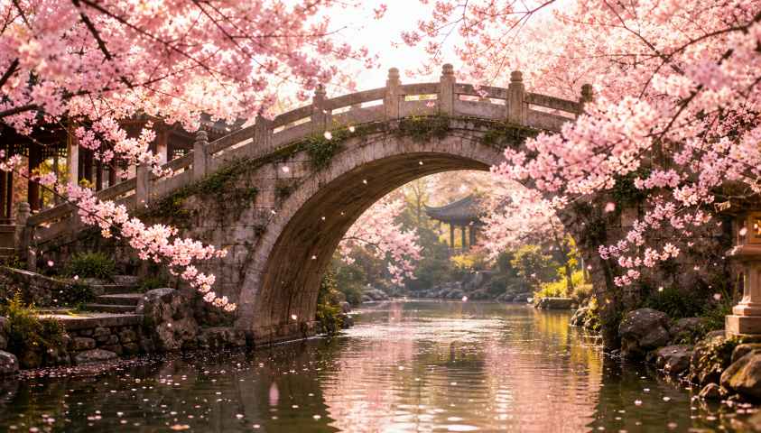 樱花与古桥 石拱古桥 花树掩映 古韵春日 4K壁纸
