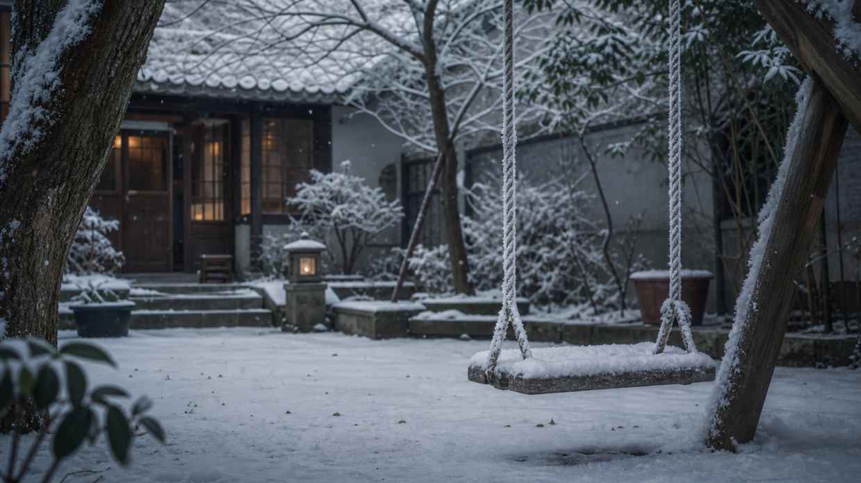 雪与秋千 庭院秋千 积雪绳上 静谧冬日 4K壁纸