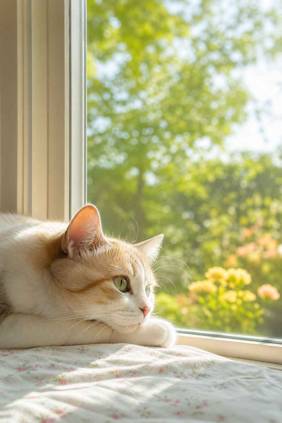 夏日猫与阳光 猫咪趴在窗边 光影柔和 清新治愈 4K壁纸
