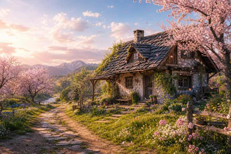 樱花与牧场小屋 草原小屋 花树旁立 治愈田园 4K壁纸