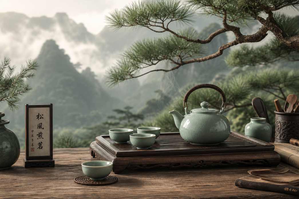 青瓷茶具 松间茶席 清幽雅致 古风静物 4K 壁纸