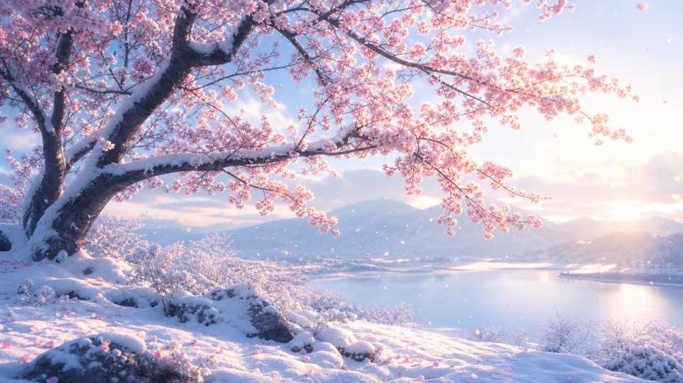 雪后樱花 早雪落樱 粉白相间 唯美惊艳 4K壁纸