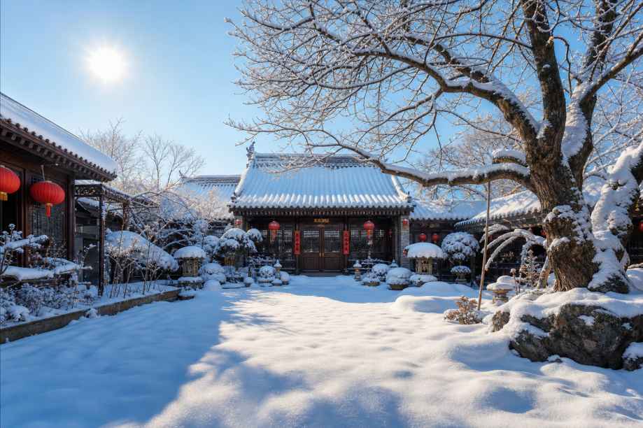 冬日暖阳庭院 庭院积雪 暖阳高照 闲逸冬日 4K壁纸