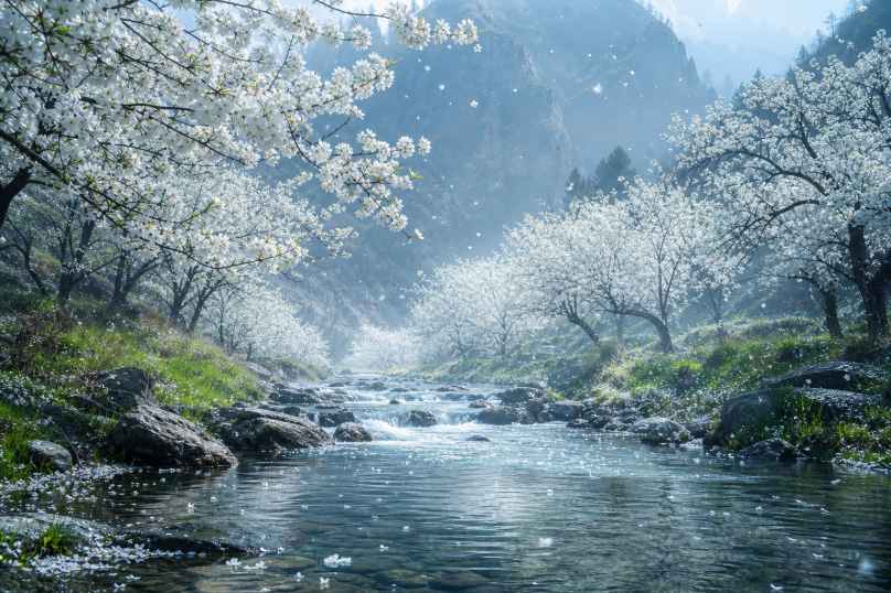 梨花溪谷 溪水两岸 梨花盛放 清冷治愈 4K壁纸