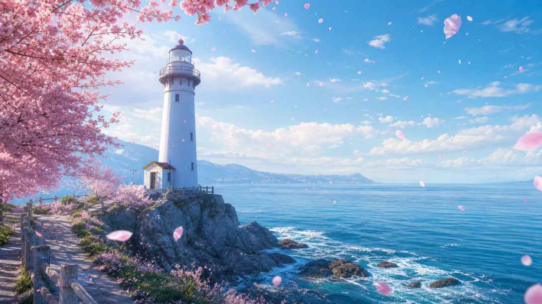 樱花与灯塔 海岸灯塔 粉花相伴 清新文艺 4K壁纸