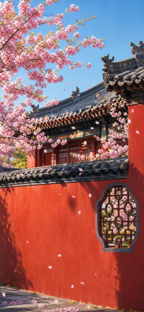 古建樱花 红墙黛瓦 花枝探墙 国风春日 4K壁纸