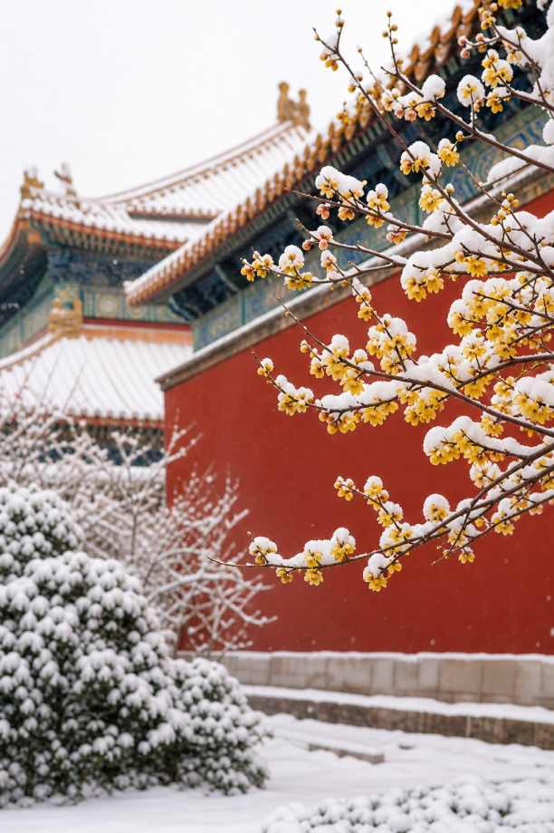 红墙雪景 白雪覆盖 腊梅旁生 雅致国风 4K壁纸