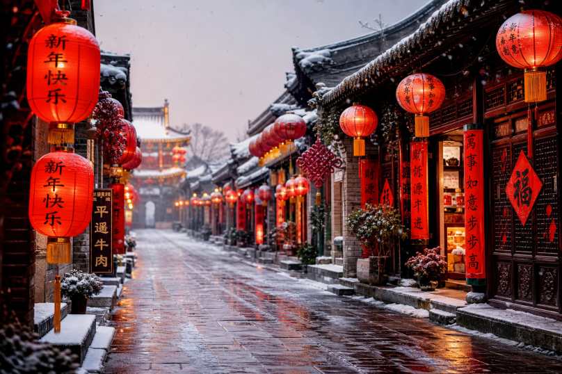雪后古街灯笼 古街积雪 红灯笼高挂 年味冬日 4K壁纸