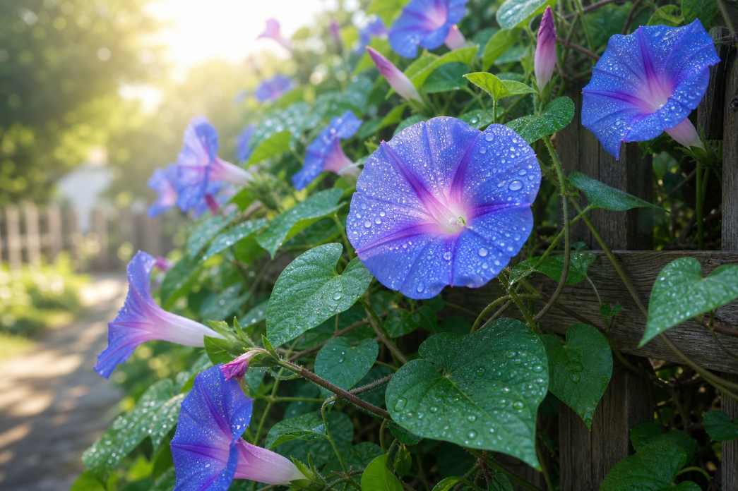 夏日牵牛花 篱笆攀爬 清晨露珠 清新淡雅 4K壁纸