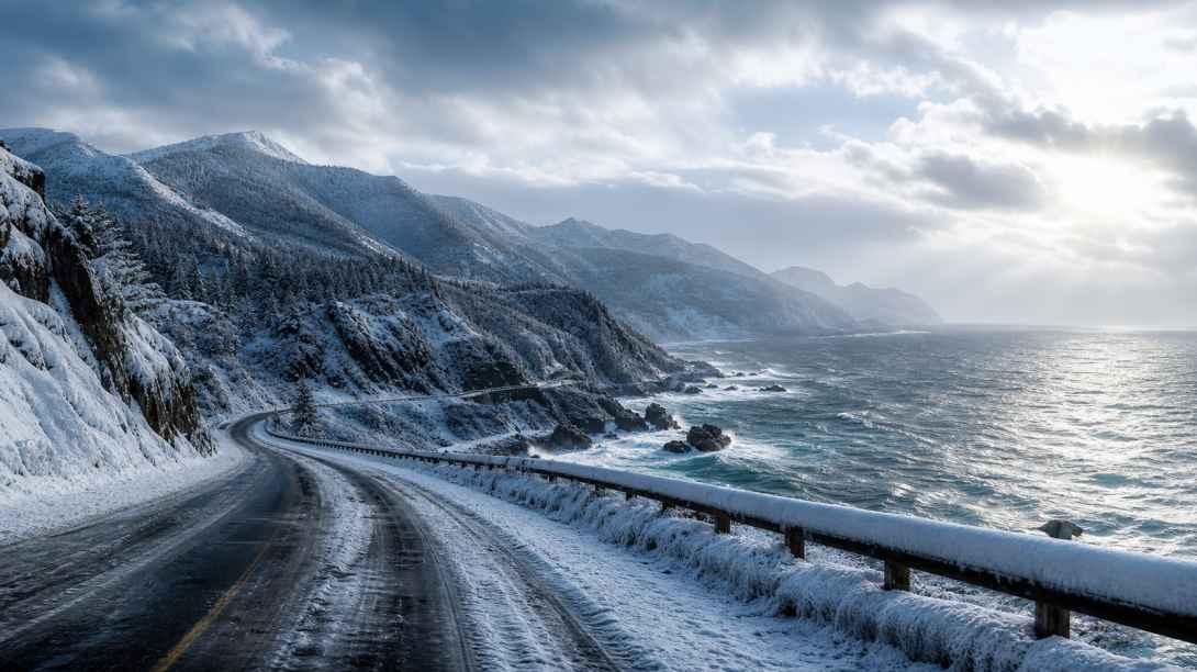 雪与海岸公路 沿海公路 旁侧积雪 自驾冬景 4K壁纸