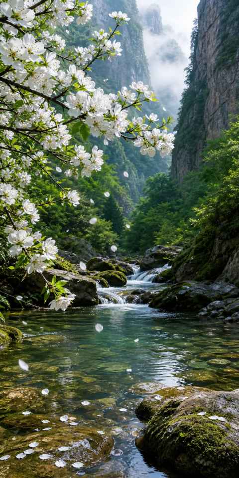梨花与溪流 山涧清溪 梨花飘落 清冷治愈 4K壁纸