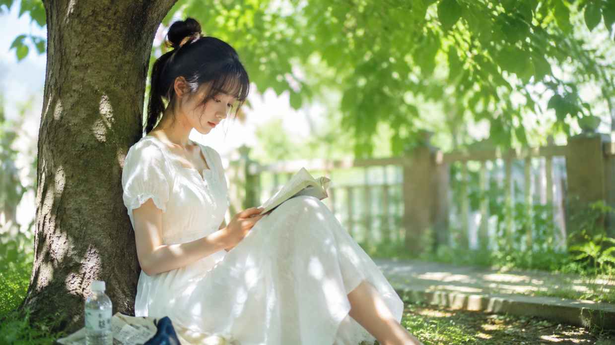 夏日白衣少女 树荫下读书 阳光斑驳 清新日系 4K壁纸