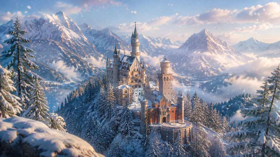 雪与古堡 山间古堡 白雪覆盖 童话冬景 4K壁纸