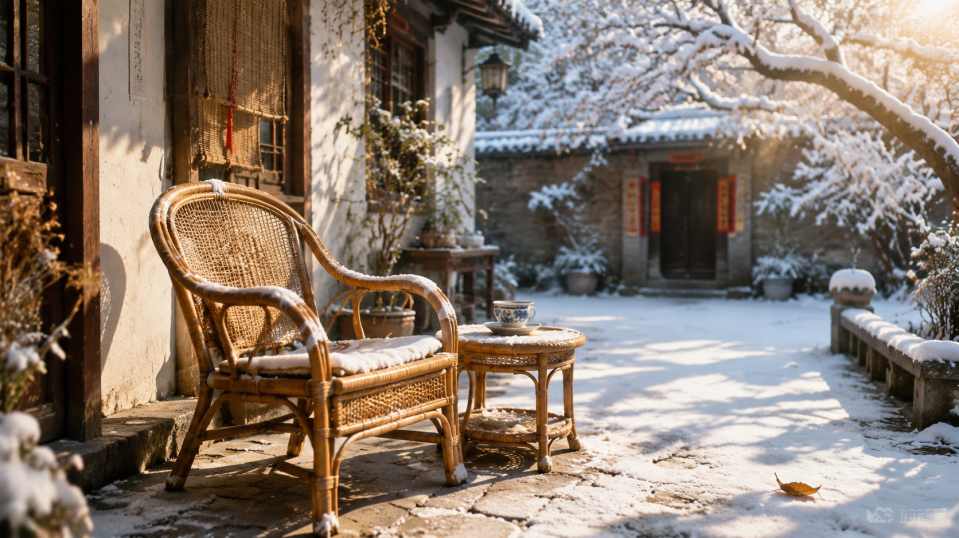 冬日暖阳与老藤椅 老藤椅 晒暖阳 庭院雪景 闲逸冬日 4K壁纸
