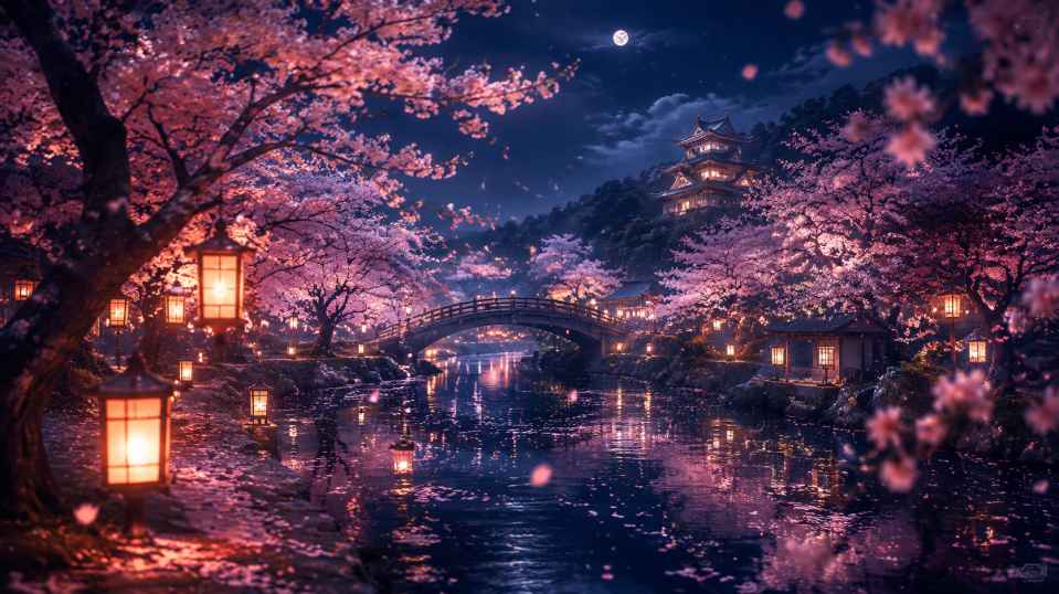 夜樱景色 灯笼微光 花瓣朦胧 夜色浪漫 4K壁纸