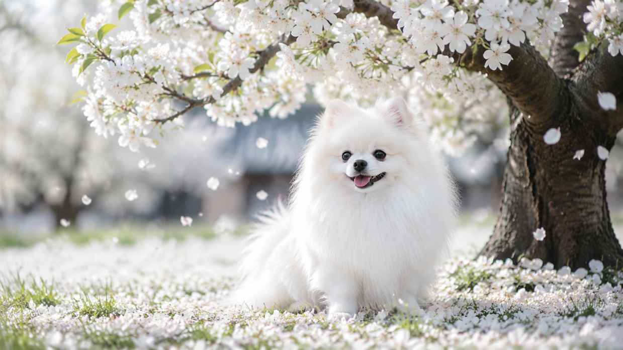 博美与梨花树下 白毛似雪 花瓣飘落 纯净春日 4K壁纸