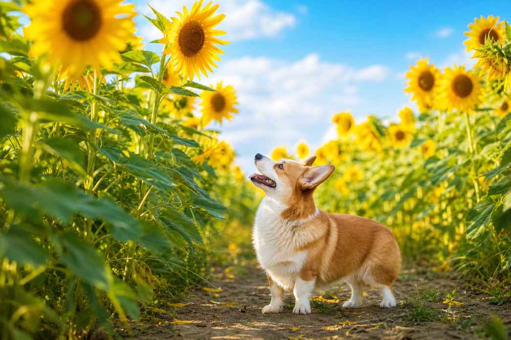 柯基与向日葵花田 短腿伫立 花旁仰望 清新夏日 4K壁纸