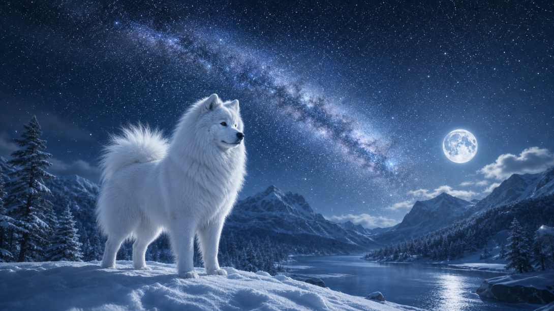 萨摩耶与星空雪地 银白身影 银河相伴 梦幻冬夜 4K壁纸