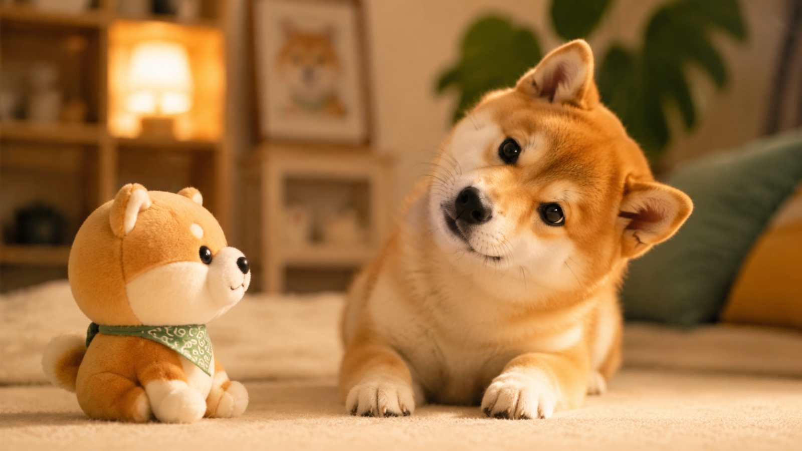 柴犬与玩偶对视 歪头萌态 趣味日常 温馨治愈 4K壁纸