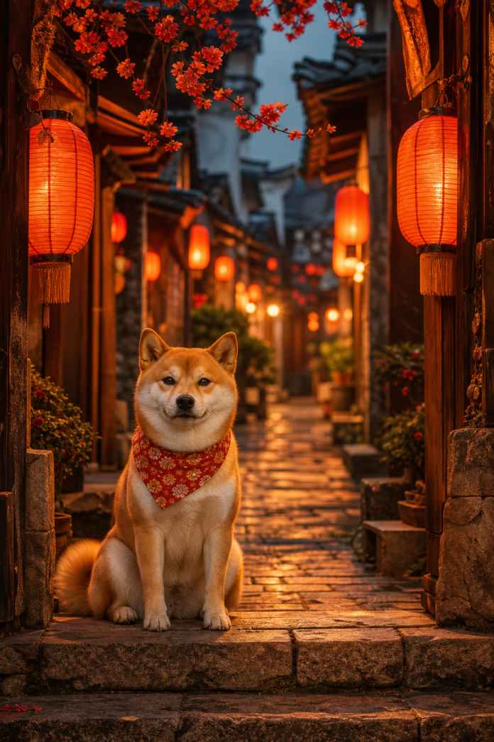 柴犬与古街灯笼 巷口静坐 暖光映身 古韵萌趣 4K壁纸