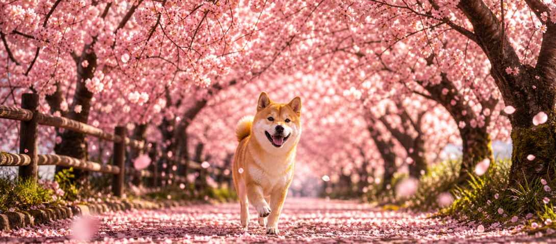 柴犬与樱花隧道 笑脸迎人 花下漫步 浪漫春日 4K壁纸