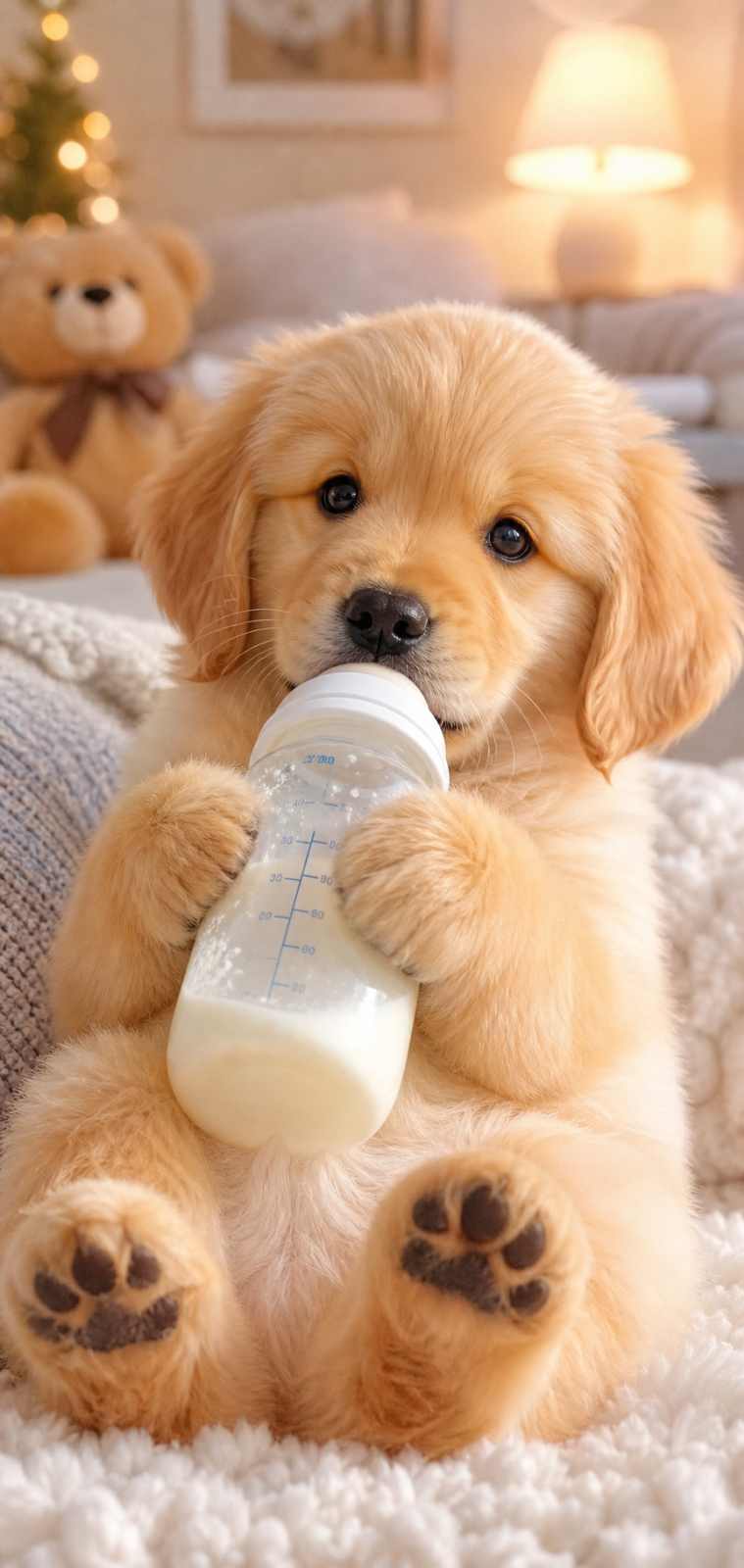 金毛幼犬与奶瓶 软乎乎 喝奶憨态 治愈软萌 4K壁纸