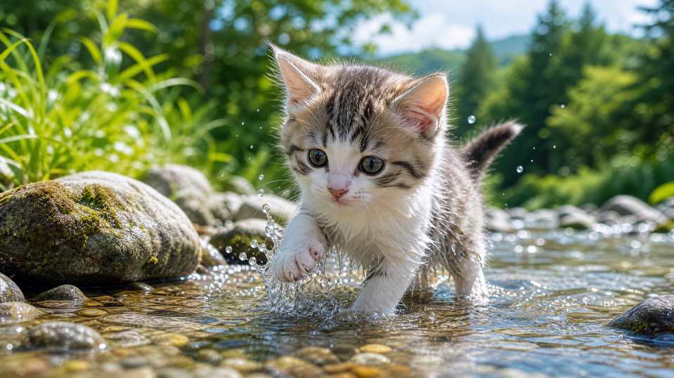 小猫与浅溪石块 踏水浅玩 水珠沾毛 清凉清新 4K壁纸