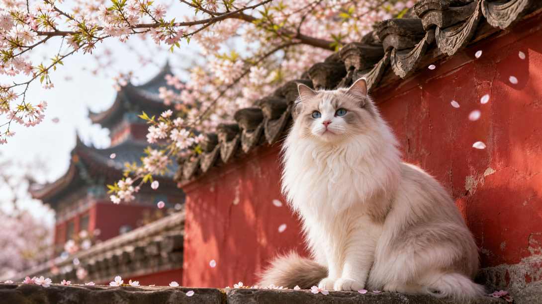 布偶猫与古寺红墙 长毛垂落 落花相伴 雅致春日 4K壁纸