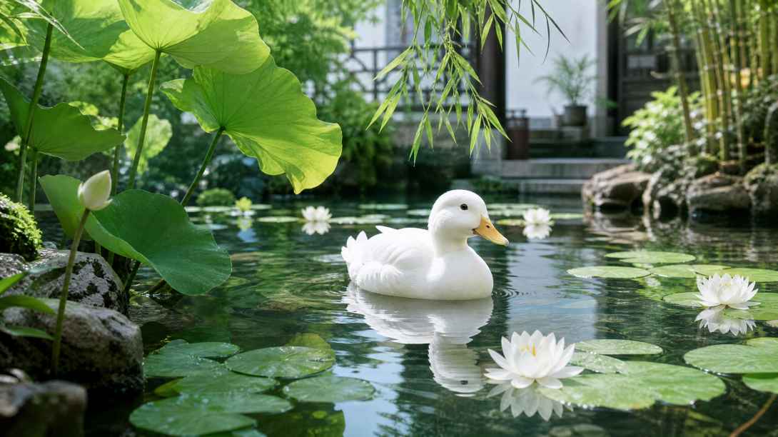柯尔鸭与庭院池塘 白羽浮游 荷叶相伴 清雅夏日 4K壁纸