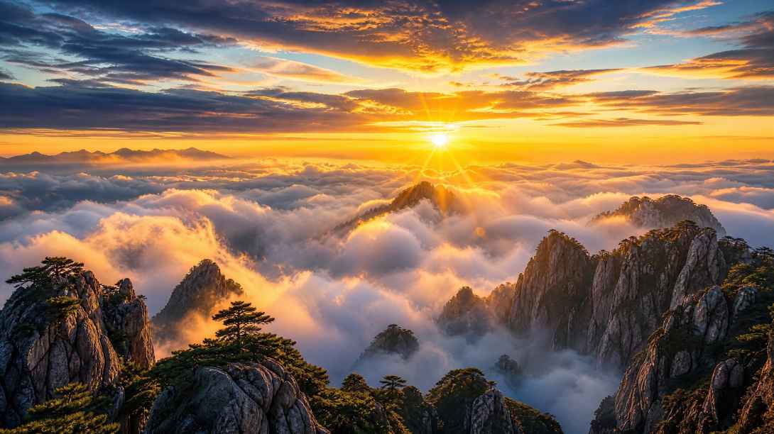 云海山峰与日出晨光 云雾翻涌 金光破云 壮阔山河 4K壁纸