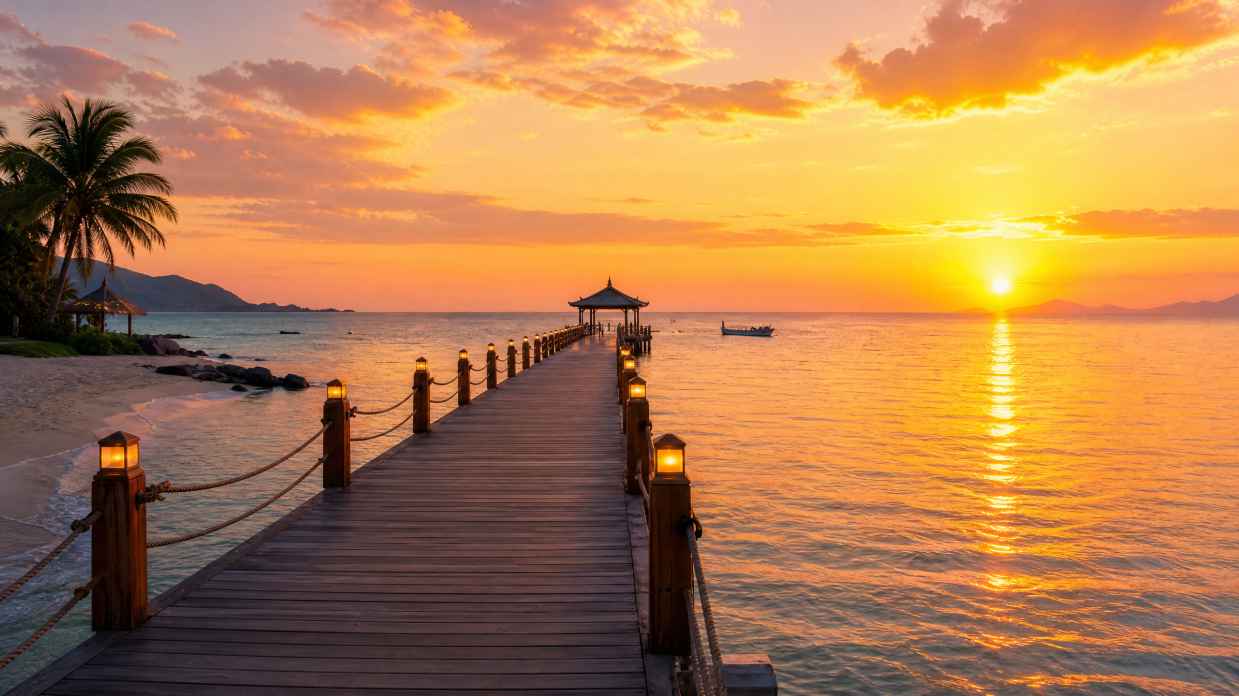 木栈道海边黄昏 延伸入海 落日熔金 温柔度假 4K壁纸
