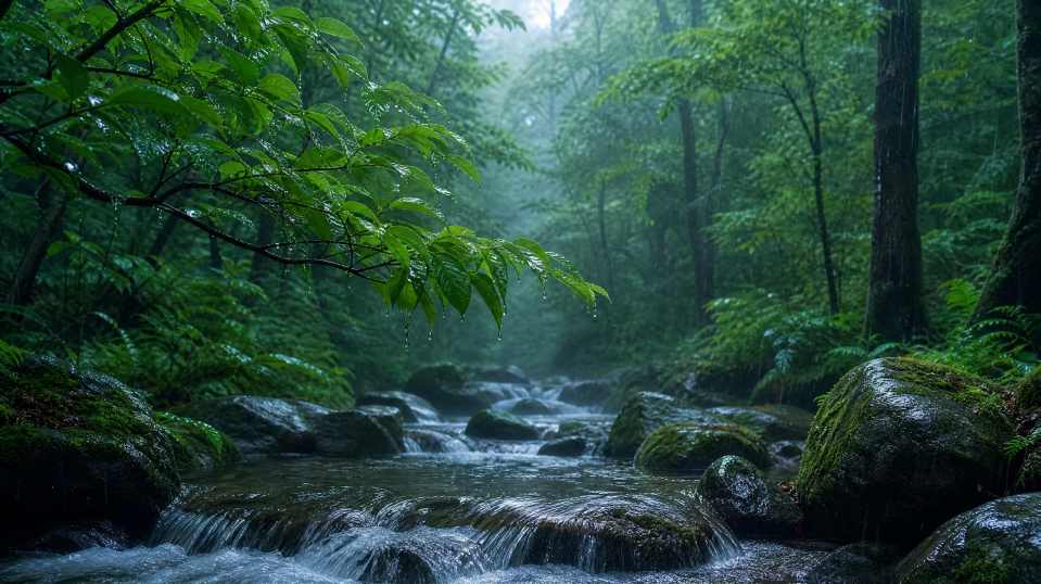 雨天林间溪流 雨水滴落枝叶 溪水叮咚 清幽森林 4K壁纸
