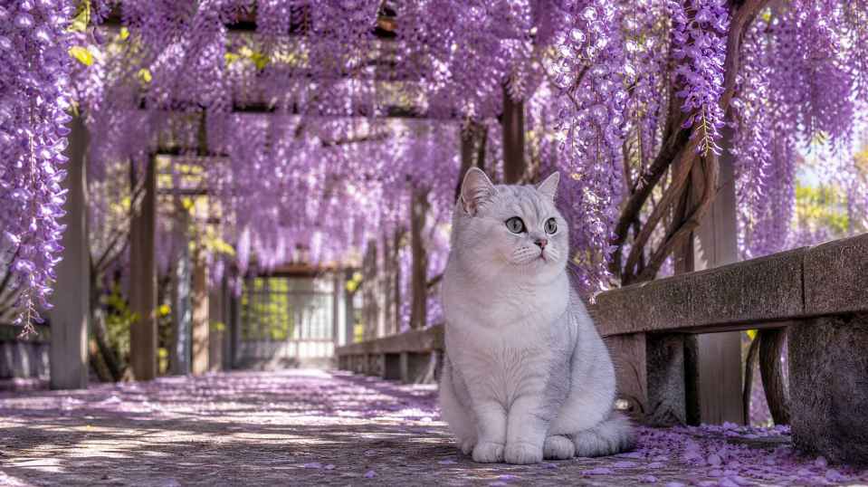 银渐层与紫藤花廊 静坐花下 紫花垂落 浪漫春日 4K壁纸
