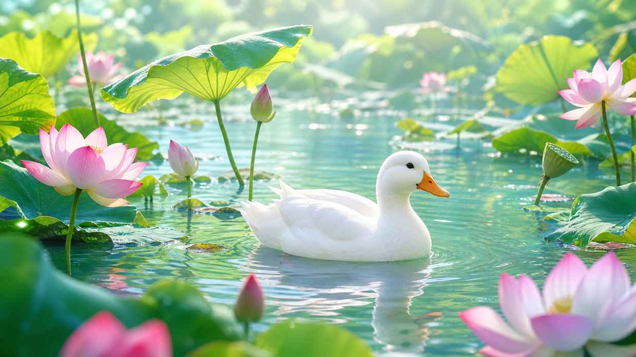 柯尔鸭与荷塘浅塘 白羽游弋 荷风阵阵 清新夏日 4K壁纸