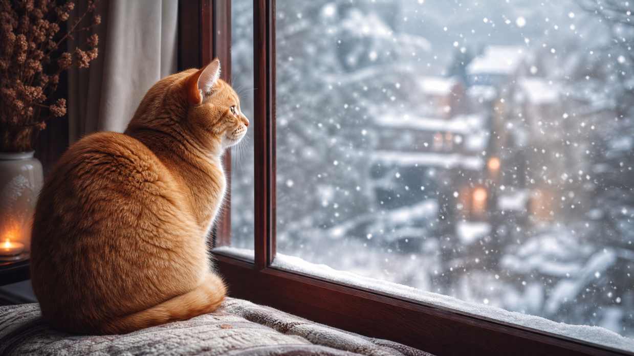 橘猫与飘雪窗边 凝望落雪 安静发呆 温柔冬景 4K壁纸
