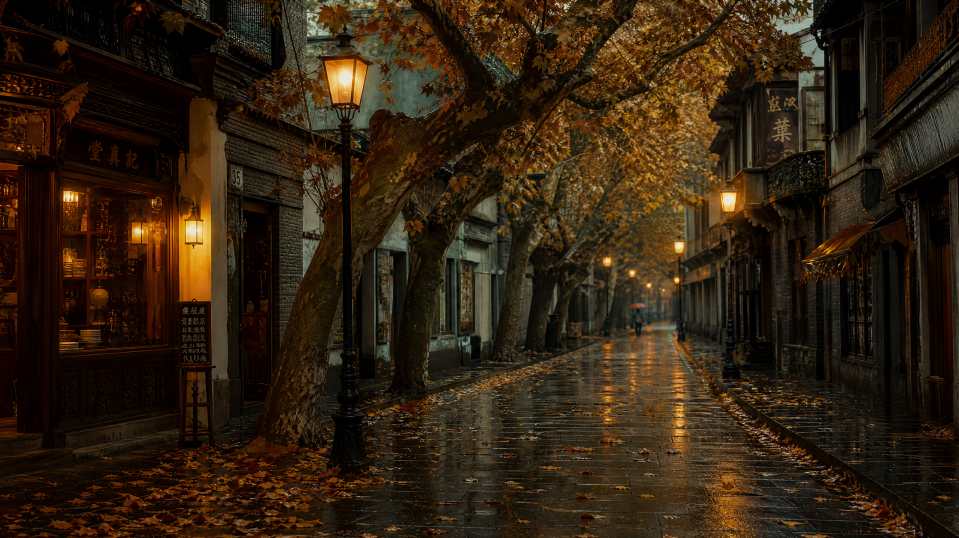 秋雨老街 梧桐落叶 路灯微光 复古氛围感 4K壁纸
