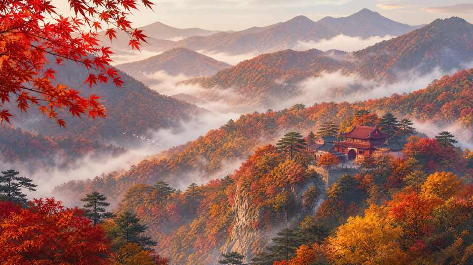 道观秋山远景 红檐隐于枫林 层林尽染 国风秋景 4K壁纸