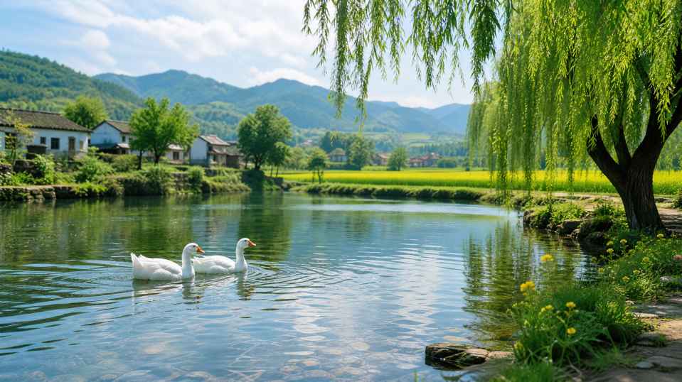 白鹅与乡村小河 结伴游水 岸边垂柳 田园初夏 4K壁纸