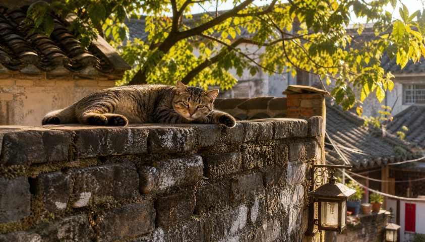 狸花猫与老院墙头 暖阳趴卧 古墙相伴 烟火闲适 4K壁纸